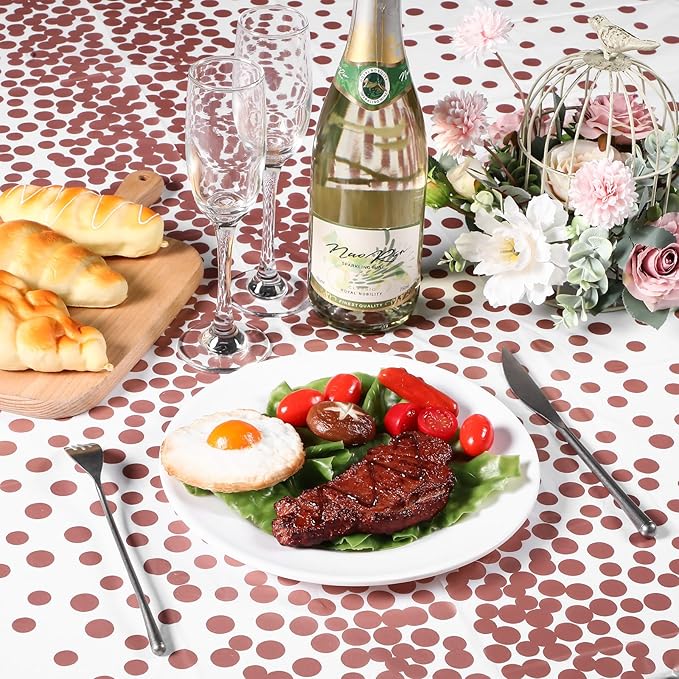 VitalCozy Round Dot Tablecloth 84 Inch Plastic Table Cover Polka Dot Confetti Tablecloths for Easter 2026 Graduation Prom Wedding Birthday Spring Party Supplies(White and Rose Gold,3 Pcs)