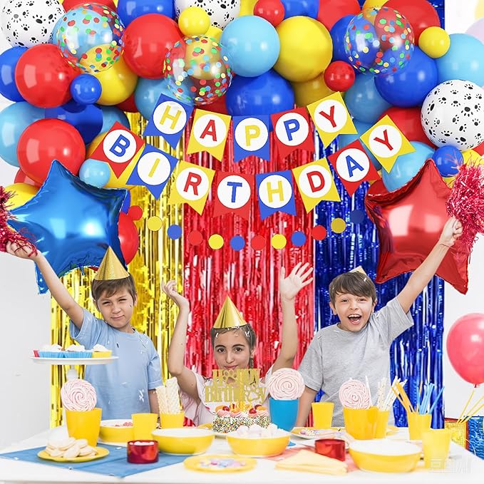 Birthday Decorations for Boys, Dog Party Decorations Red Yellow Light Blue Star Foil Balloons Happy Birthday Banner Fringe Curtain Backdrop for Kids Boy Carnival Cartoon Theme Party Supplies