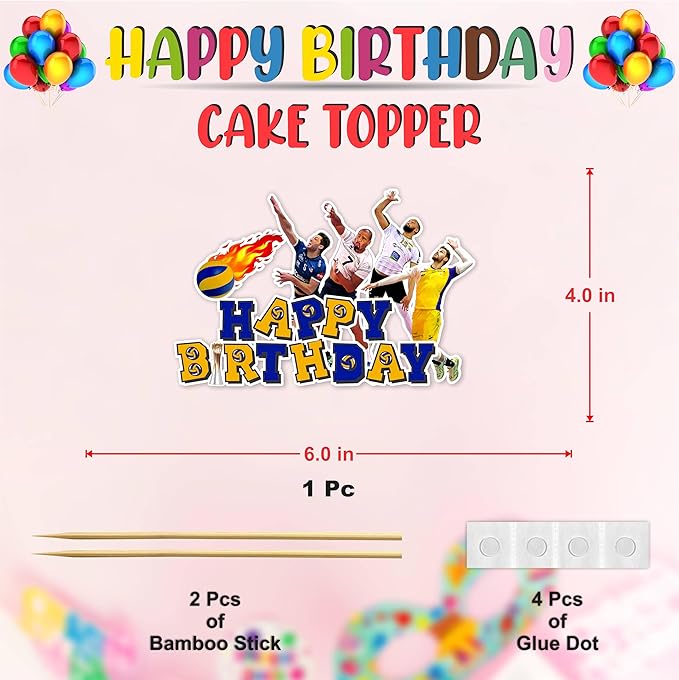 Volleyball Happy Birthday Cake Topper - Sporty Volleyball Design, Athletic Theme Party Cake Decoration for Birthday Celebration, Dessert Table Display, Sports Event Decor, Photo Prop.