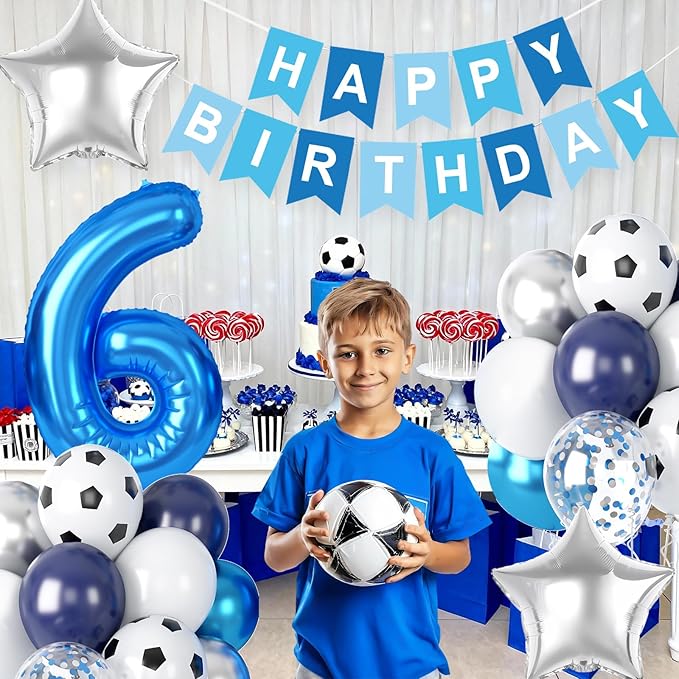 6th Soccer Birthday Party Decorations for Boys, Soccer Party Decorations Blue White Silver Balloons with 'HAPPY BIRTHDAY' Banner 32in Foil 6 Balloon for Boy Kids Men Birthday Baby Shower Decor