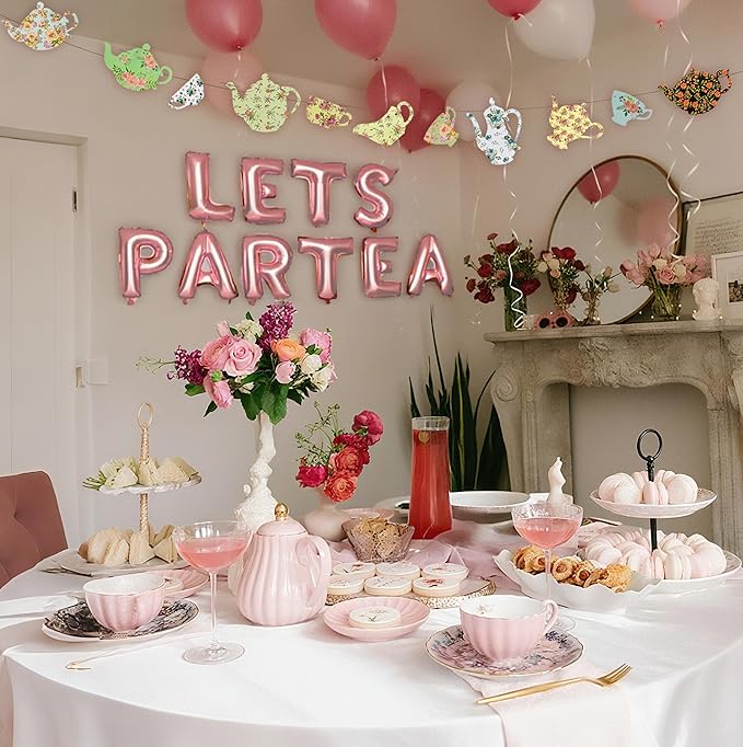 Let's Par Tea Decorations Tea Party Balloons Banner LET'S Par-Tea Foil Balloon Floral Teapots Teacups Balloons Banner Teacup banners for Birthday Baby Shower Wedding Party Supplies