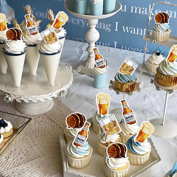 Ercadio 40 PCS Edible Beer Party Cupcake Toppers Cheers and Beers Happy Birthday Party for Father's Day Beer Kegs Cake Drink Topper Favor for Summer Family Party Decor Supplies