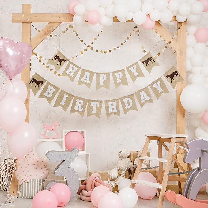 Horse Birthday Decorations – Happy Birthday Burlap Banner – Felt Horse Garland and Pennant Banner – Horse Party Supplies