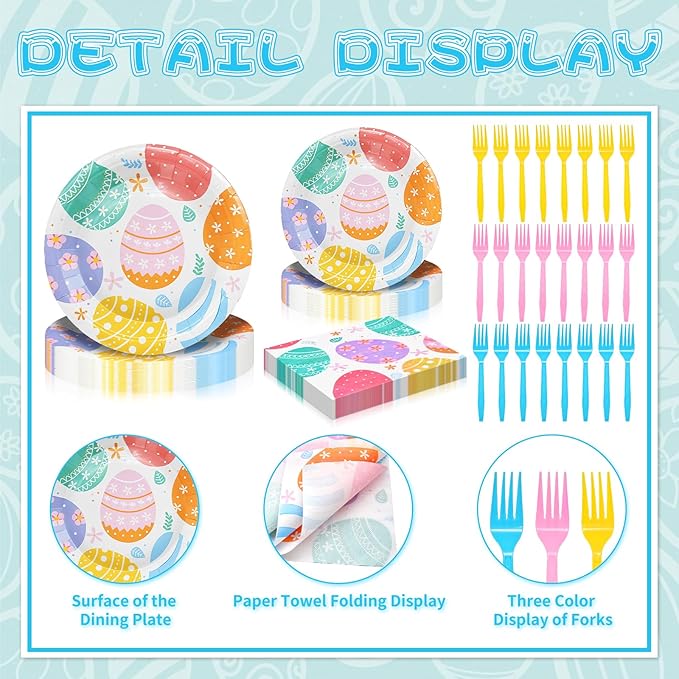 96 Pieces Easter Day Tableware Set Party Supplies - Colorful Eggs Pattern Disposable Dinnerware with Paper Plates, Napkins, Forks for Spring Celebrations Picnic Favors