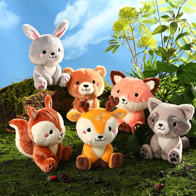 6 Pcs Woodland Animals Toys 7 Inch Bear Rabbit Squirrel Deer Raccoon Fox Large Stuffed Animals Bulk for Woodland Baby Showers Party Decor Birthday Gifts Classroom Teacher Student Awards