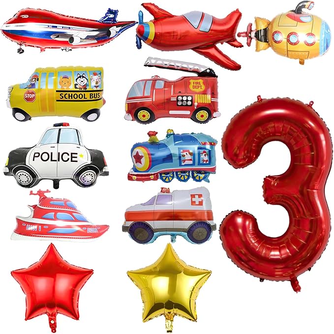 12pcs Transportation Balloons, Truck Plane School Bus Fire Truck Police Car Ship Ambulance Submarine Foil Balloon, Transportation 3rd Birthday Vehicles Theme Party Supplies Decorations (3rd)