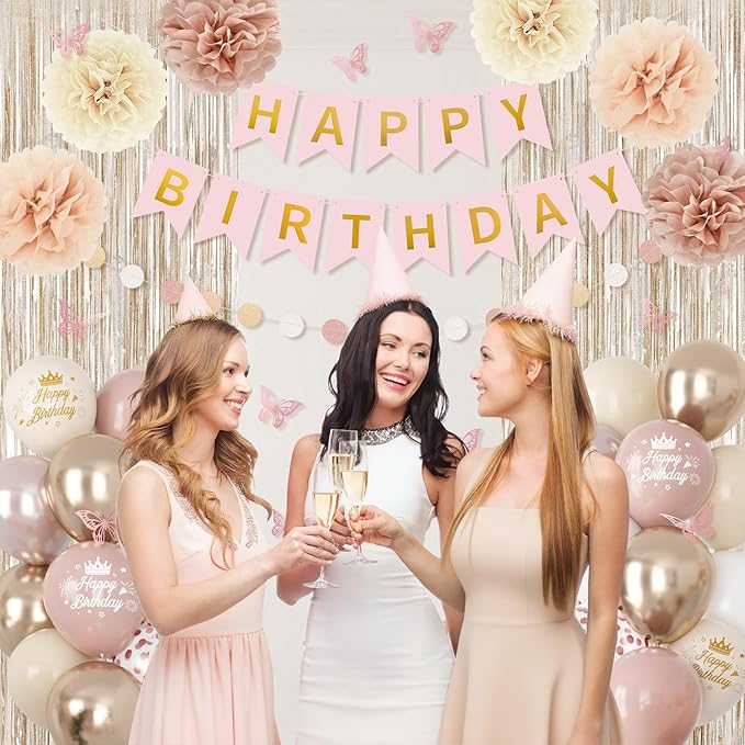 Boho Dusty Pink Birthday Decorations for Women Girls, Blush Beige Gold Metallic Printed Balloons Butterfly Stickers Fringe Curtain Happy Birthday Banner Circle Dots Garland Paper Pompom Party Supplies