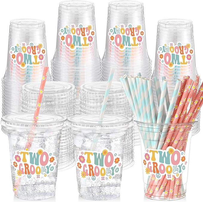Yungyan 50 Sets Two Groovy Plastic Cups with Lids and Straws 16 oz Two Groovy Birthday Decorations Hippie Daisy Coffee Juice Drinking Cups for Flower Boho Birthday Baby Shower Party Supplies