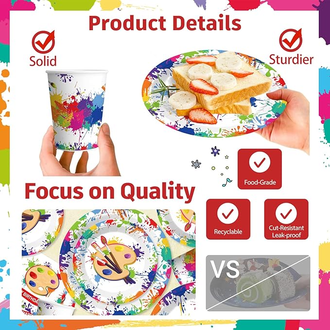 200pcs Paint Party Decorations for Kids and Art Lovers, Convenient Disposable Paper Tableware Set Includes 300gsm Plates and 2 PE Plastic Tablecloths for Paint Party and Celebration
