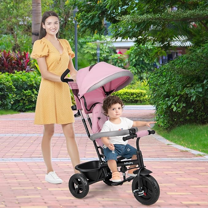 BABY JOY Tricycle, 4 in 1 Toddler Bike w/Removable Canopy, Adjustable Push Handle, Reversible Seat, Safety Belt, Folding Footrest & Storage Basket, Toddler Tricycle for Boys Girls 9-60 Months (Pink)