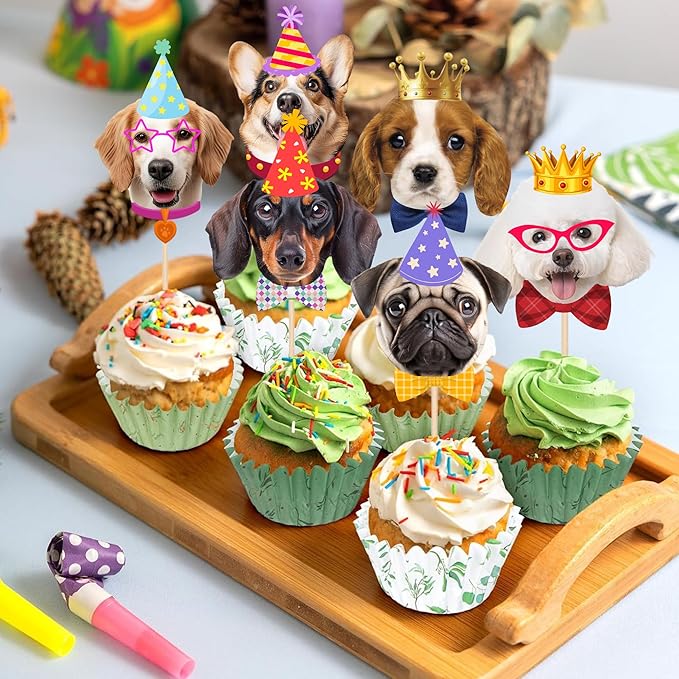 Pet Dog Cupcake Toppers, 24 PCS Pet Dogs Themed Birthday Party Supplies Cute Puppy Birthday Party Baby Shower Party Cake Decorations
