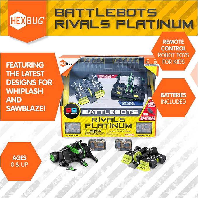 HEXBUG BattleBots Rivals Platinum (Whiplash & Sawblaze), Remote Control Robot Toys for Kids, STEM Toys for Boys and Girls Ages 8 & Up, Batteries Included