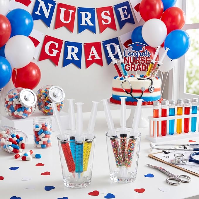 40 Pcs Nursing Graduation Party Supplies, 20 Pcs Plastic Syringes for Drinks, 20 Sticky Labels, Class of 2026 Graduation Decoration Nurse Party Supplies Bsn Rn Lpn Gift (10 ml)