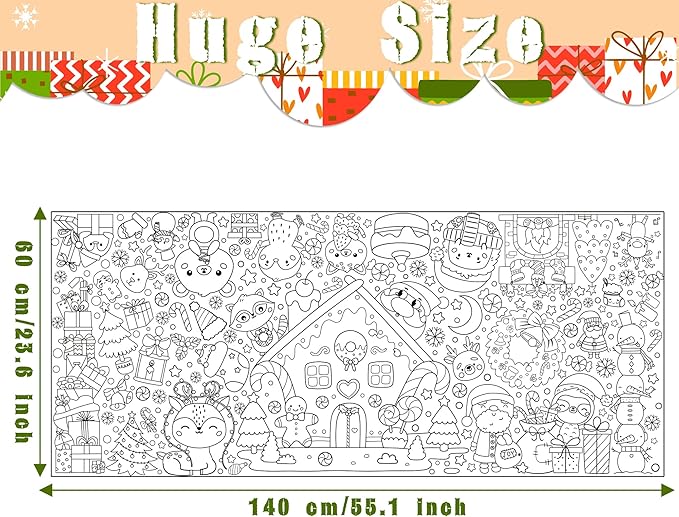 Dvbonike Jumbo Christmas Coloring Poster with Gingerbread House Santa Giant Xmas Color-in Paper Poster DIY Blank Doodle Art Banner 55.1 x 23.6 inch Decor, Home School Activity Party Supplies for Kids