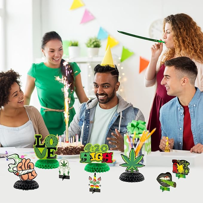 OSNIE 12Pcs Weed Themed Honeycomb Centerpieces Table Toppers Smoking Marijuana Green Pot Leaves Cannabis Stoner 420 Have a Dope Birthday Party Decorations Supplies Photo Booth Props for Adults