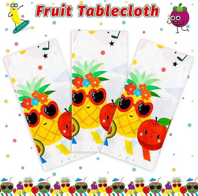 3 Packs Fruit Theme Table Cover Decorations Watermelon Pineapple Disposable Plastic Tablecloths for Kids Birthday Baby Shower Summer Fruit Hawaii Party Decorations Supplies, 54x108 inch