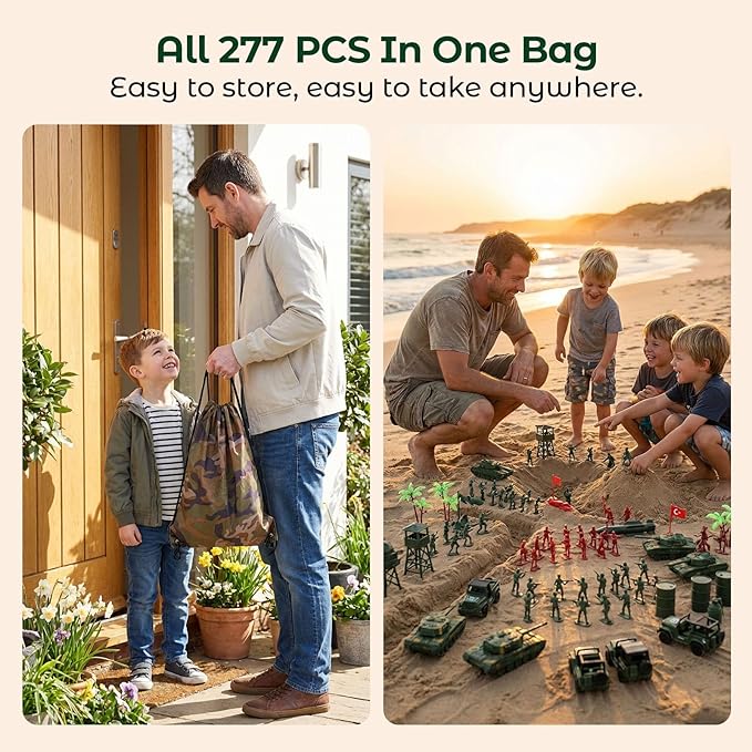 AMOR PRESENT 277 PCS Army Men Military Playset, Army Men Toys for Boys 8-12, Military Soldier Playset Plastic Toy Soldiers Figures and Accessories with Handbag, Christmas Stockings Gift for Kid