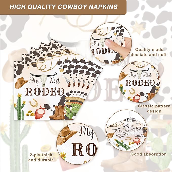 120PCS My First Rodeo Party Supplies Wild West Dinnerware Party Decorations for Boys Kids 1st Birthday Western Cowboy Themed Party Paper Plates Napkins Forks Serves 20 Guests