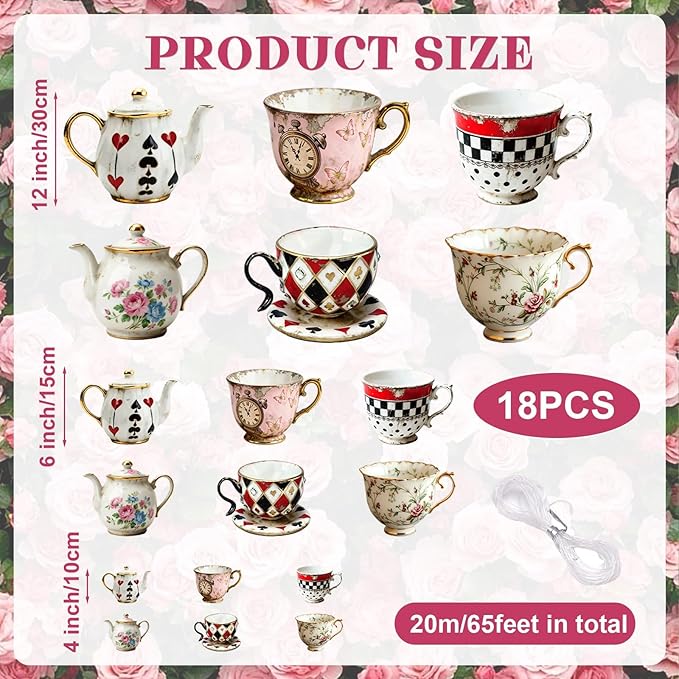 Wonderland Tea Party Decoration Teacup Hanging Banners Wonderland Teapot Themed Garland banner spring Backdrop Photo Props for Indoor Outdoor Garden Birthday Baby Shower Party Supplies