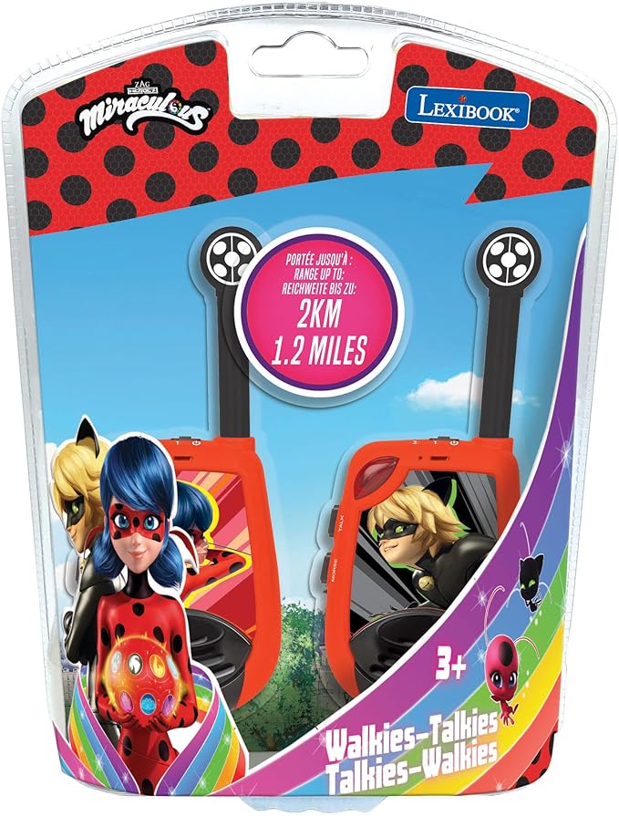 LEXiBOOK Miraculous - Digital Walkie-Talkies for Children - 2 km Transmission Range, Morse Light Function, Belt Clip for Transport, 2 Channels, Battery, Red, TW25MI