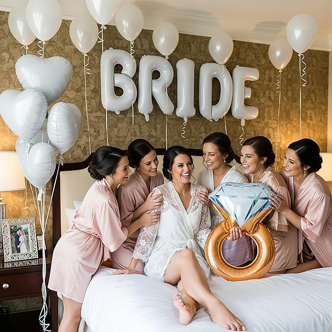 White Bridal Shower party decorations with pearl balloons Bridal Veil BRIDE Balloons Sash with Diamond Ring Heart Balloons Bridal Veil for Bachelorette Party Decor Bride To Be suppiles