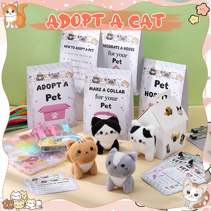 115 Pcs Adopt a Cat Party Favors Pet Adoption Station Package Include 10 Mini Plush Cats 10 Boxes and 95 Adopt a Cat Supplies for Birthday Party Gifts
