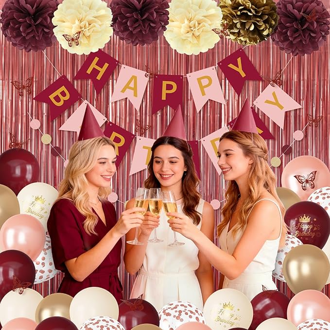 Burgundy Birthday Decorations for Women Girls, Pearl Pink Rose Gold Sand Metallic Printed Balloons Butterfly Stickers Fringe Curtain Happy Birthday Banner Circle Dot Paper Pompom Party Supplies