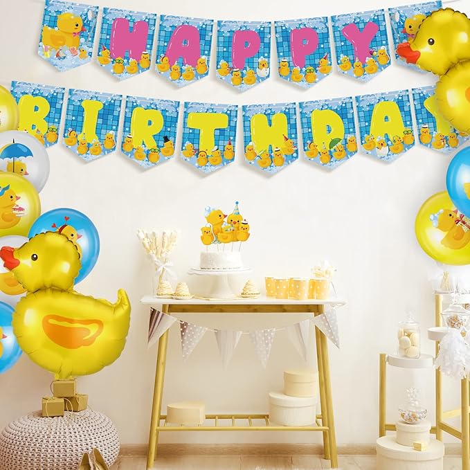 Leitee 57 Pcs Blue Duck Birthday Decorations Balloons Party Happy Birthday Banner Cake Topper Cupcake Toppers Rubber Duck Decor for Birthdays Party Supplies