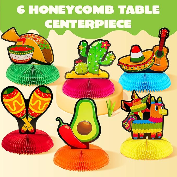 JOYIN 6 PCs Cinco De Mayo Fiesta Honeycomb Table Centerpiece 8.5” Party Decoration for Fun Fiesta Taco Party Supplies, Luau Event Photo Props, Mexican Theme for Carnivals Festivals