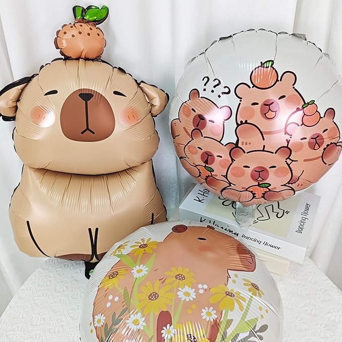 3PCS Capybara Animal Balloons Round Capybara Shaped Foil Birthday Balloon For Capybara Birthday Party Wildlife Park Jungle Animal Theme Party Backdrop Party Supplies Decorations