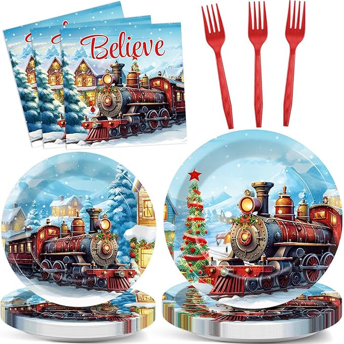 gisgfim 96 Pcs Christmas Train Plates and Napkins Party Supplies Christmas Believe Dinnerware Tableware Set Disposable Xmas Paper Plates Party Decorations Favors for Winter Holiday Serves 24