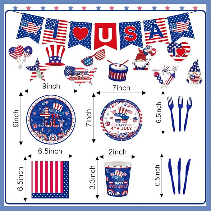 132 Pcs 4th of July Party Supplies for Boys Girls Independence Day Party Decorations Red White Blue Tableware with Plates Napkins Cups Forks Knives and Spirals 20 Guests