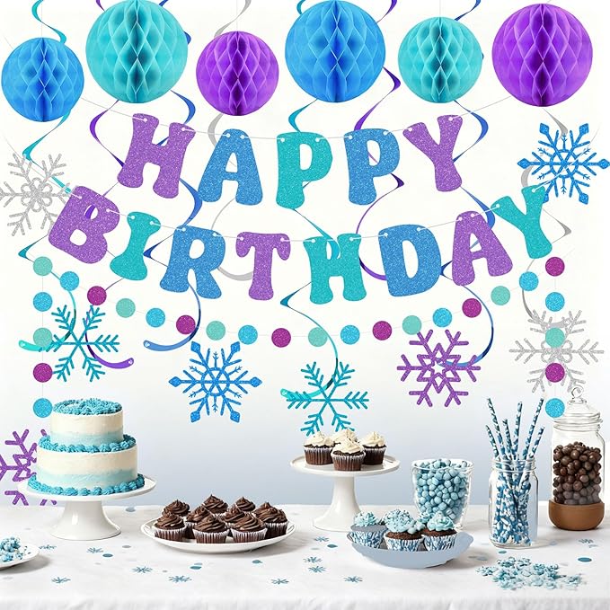 Amandir Snowflake Birthday Decorations for Girls, Glitter Happy Birthday Banner with Honeycomb Balls, Snowflake Hanging Swirls Streamers, Circle Dots Garland, Princess Winter Wonderland Party Supplies