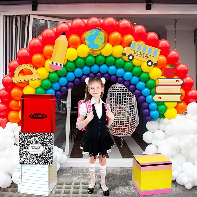 Back to School Party Decoration Balloon Box Sets Includes Pencil Crayon Notebook Line Drawing Balloon Boxes with School Bus Book Globe Ruler Large Cards for Teacher Props Pencils Photo Prop Supplies