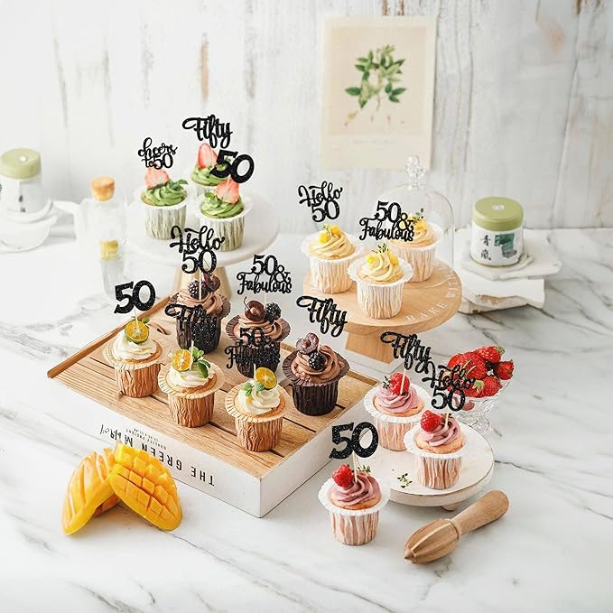 30Pcs Happy 50th Birthday Cupcake Toppers Black Glitter Fifty Cheers to 50 Years Old Birthday Cupcake Picks for 50th Birthday Anniversary Party Cake Decorations Supplies