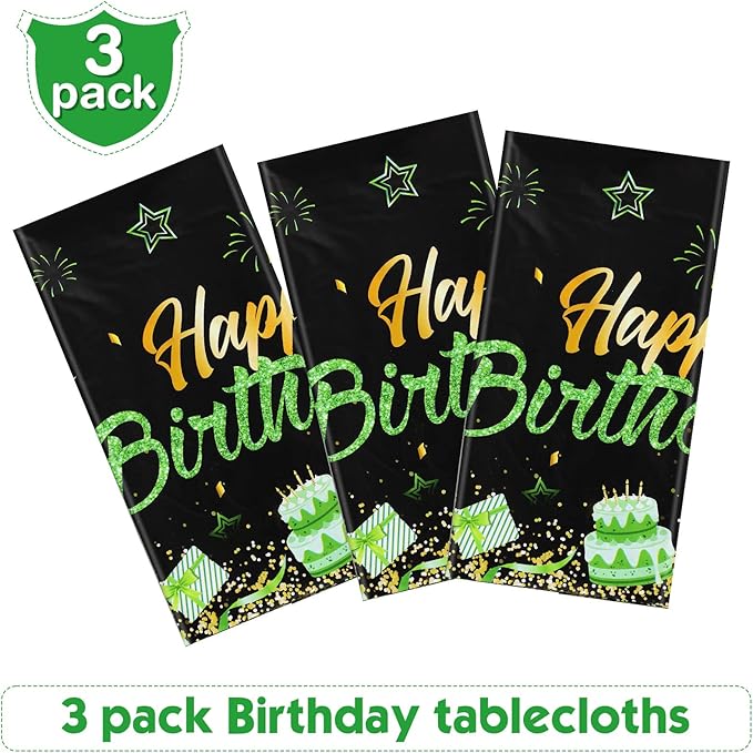 Breling Birthday Party Supplies Confetti Sprinkles Happy Birthday Tablecloths Starry Table Covers for Party Decorations, 54 x 108 Inches(Green and Black,3 Pack)