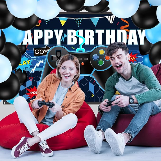 Skylety 34 Pieces Gamer Birthday Decorations Video Game Party Supplies Set Including Happy Birthday Gamer Backdrop, Table Covers, Multi-color Balloons and Foil Balloons for Game Party Decoration