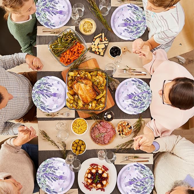 96Pcs Purple Party Supplies Lavender Paper Plates Napkins Watercolor Blooming Floral Cake Dessert Butterfly Birthday Floral Tableware for Birthday Wedding Picnic Baby Shower Decorations | 24 Guests