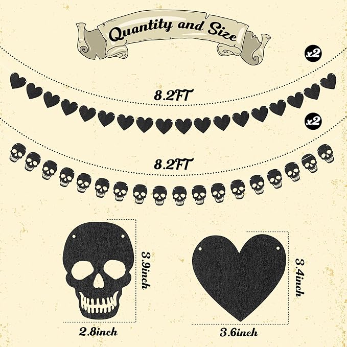 K1tpde 4PCS Gothic Black Heart Skull Garland Banner Kits, Black Felt Heart Banner for Valentines, Skull Garland Backdrop for Gothic Birthday Party Decorations, Halloween Home Decor Party Supplies