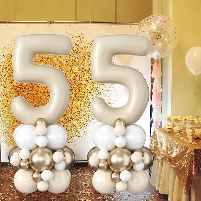 40 Inch Cream Number 5 Birthday Balloon Beige White Sand Number Five Foil Balloon Tower Giant Large Nude Neutral Digit Helium Balloons Stack Stand for Girls Boys 5th Anniversary Party Decoration