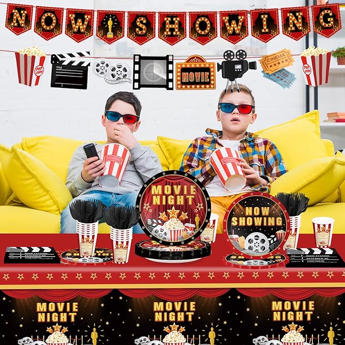 170pcs Movie Night Party Supplies Now Showing Paper Plates Napkins Disposable Tablecloth Banner Cups Theater Hollywood Clapboard Napkins Red Carpet Birthday Party Decorations 24 Guests