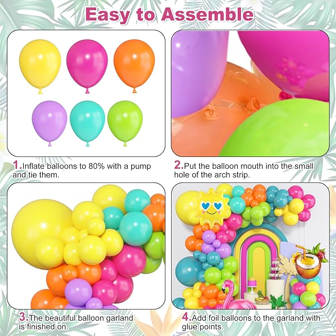 164Pcs Summer Tropical Balloon Arch Garland Kit, Rainbow Hot Pink Green Orange Blue Purple Sun Coconut Flamingo Foil Balloons for Hawaiian Luau Aloha Baby Shower Birthday Party Decorations Supplies