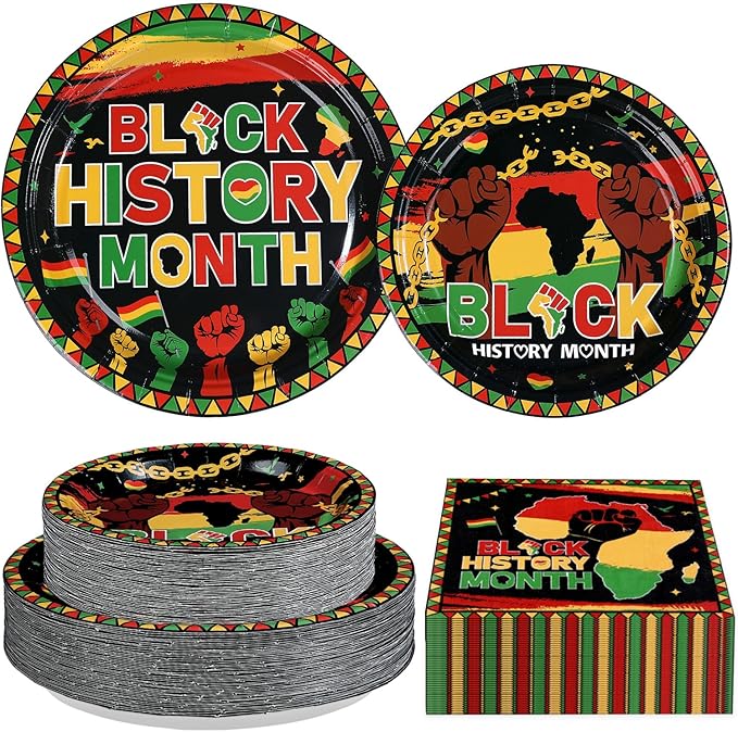 200Pcs Black History Month Party Supplies African American BHM Festival Plates and Napkins Black History Tableware Set for African Freedom Day Happy Juneteenth Party Decorations Serves 50