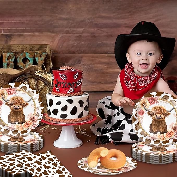 40Pcs Highland Cow Birthday Decorations Brown Cow Print Party Supplies Floral Highland Cow Theme Birthday Disposable Desserts Plates and Napkins for 20 Guest
