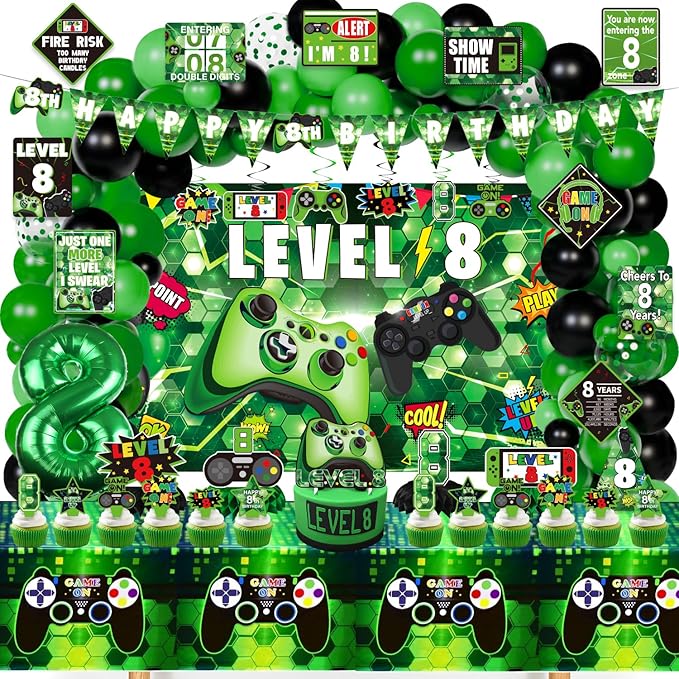 8th Birthday Decorations for Boys, 148Pcs Green Video Game level 8 Party Supplies for Boy 8th Birthday - Backdrop, Banner, Balloons, Tablecloth, Centerpieces, Hanging Swirl, Hat, Wall Signs