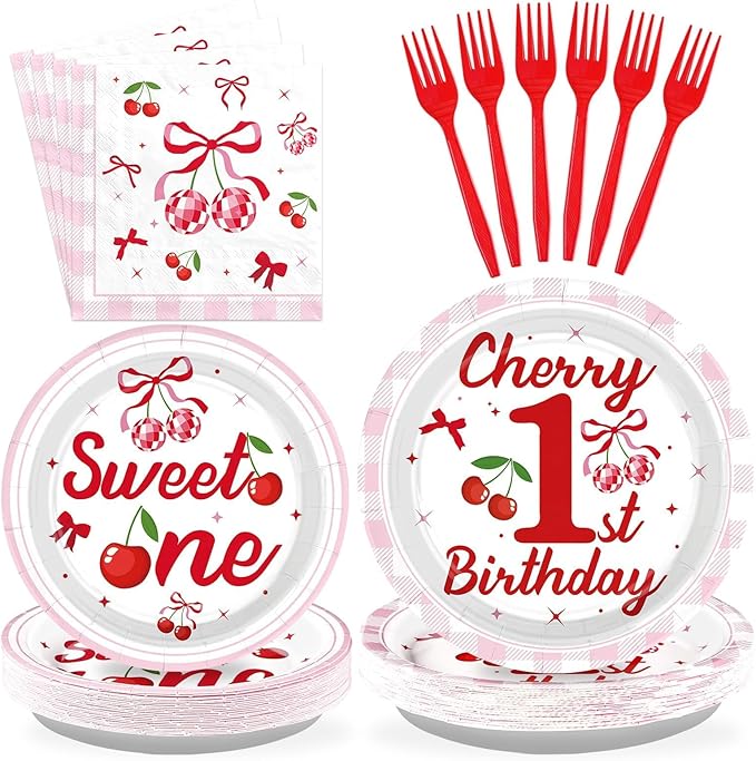 Grencian 96 Pcs Cherry Birthday Party Decorations Plates Set Cherry 1st Birthday Party Plates Fruit Themed Paper Tableware Set for One Year Old Baby Shower Fruit Themed Party Supplies