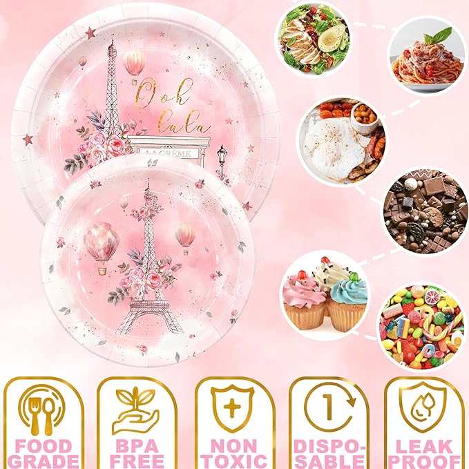 Paris Party Decorations Set - Chic Parisian Party Plates, Cups, Napkins, and Cutlery for a Magical Celebration - Elegant and Disposable Paris Party Supplies for Birthdays and Events