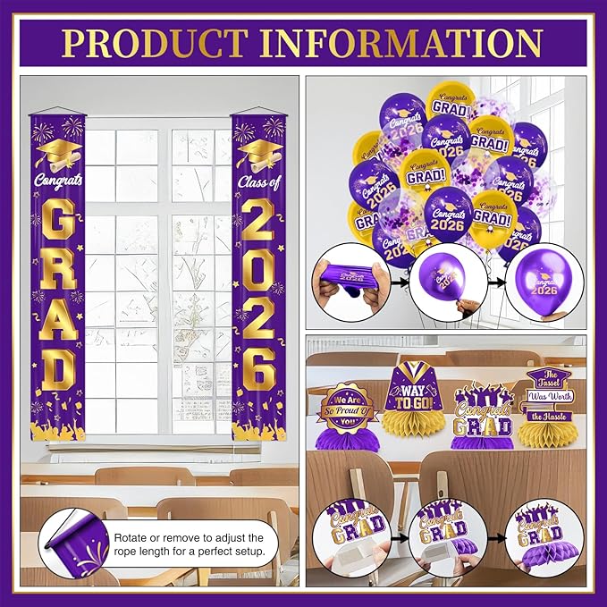 Graduation Decorations Class of 2026 Purple and Gold Graduation Party Decor Set include Congrats Grad Banner Backdrop Class of 2026 Balloons Party Supplies