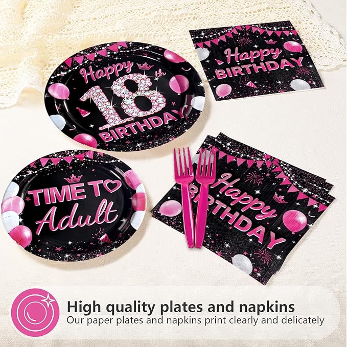 96Pcs 18th Birthday Party Supplies Black and Hot Pink Plates Forks and Napkins Diamond Sweet Theme Disposable Paper Tableware Set for Girls 18 Year Old Birthday Party Supplies Serves 24