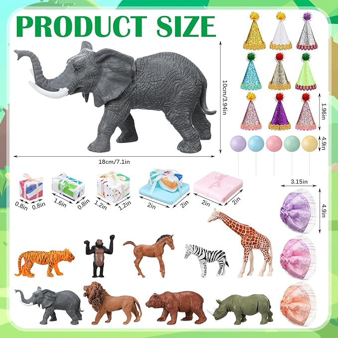Weysat 41 Pcs Jungle Animals Cake Topper Figures Birthday Party Decorations with Mini Hat and Skirt, Colorful Balls, Jungle Toppers Decoration with Gift Boxes for Wild Animals Themed Party(Forest)